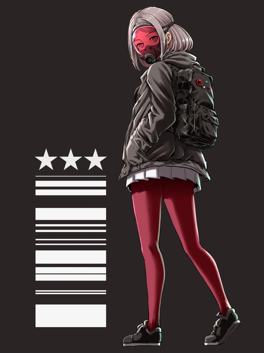 1girl, absurdres, backpack, bag, barcode, gas_mask, grey_background, hands_in_pockets