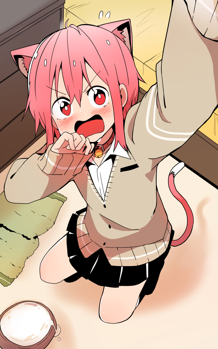 1girl, absurdres, animal_ears, bell, bell_collar, blush, bowl, bural_chingu