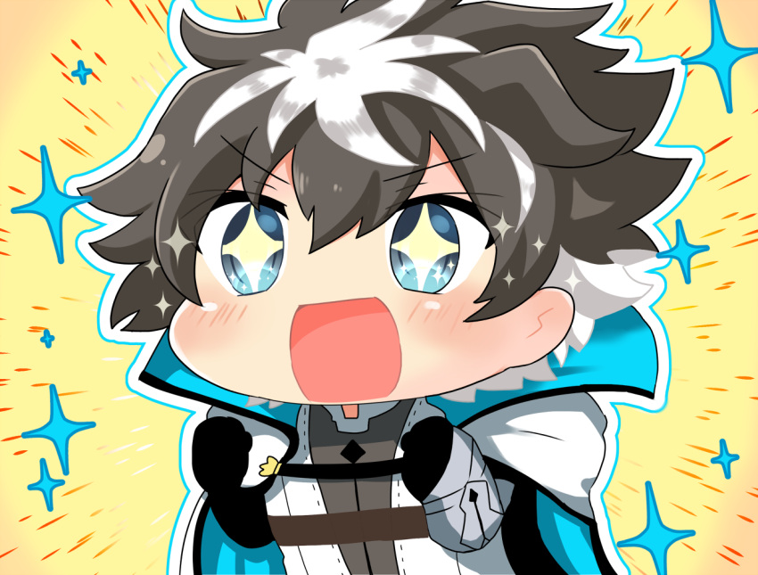 +_+, 1boy, black_hair, blue_eyes, blush, cape, charlemagne_(fate), chibi