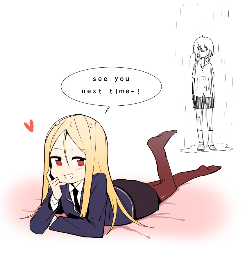 2girls, absurdres, black_skirt, blonde_hair, bural_chingu, english, grin, highres
