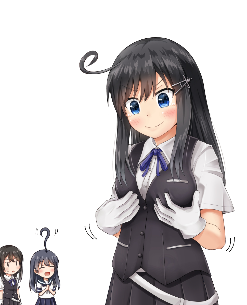 >:), 3girls, :d, ahoge, aqua_sailor_collar, arms_at_sides, asashio_(kantai_collection), bangs