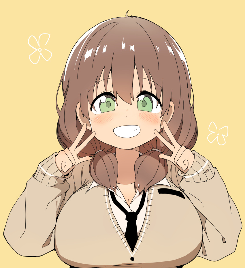 1girl, blush, breasts, brown_hair, bural_chingu, cardigan, double_v, green_eyes