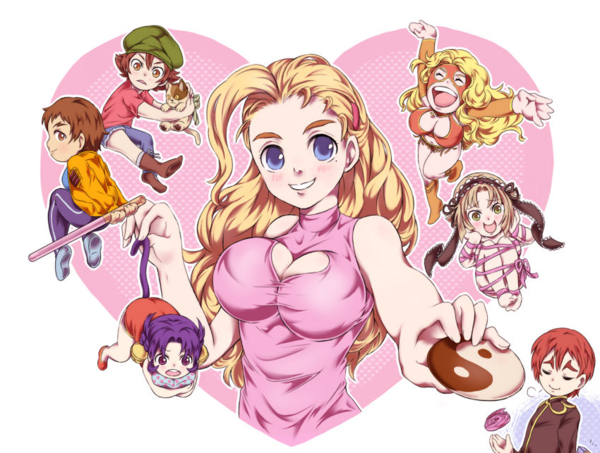 6+girls, animal, antenna_hair, asymmetrical_clothes, bangs, bare_arms, bare_shoulders, bell, blonde_hair, blue_eyes, blue_shirt, boots, breasts, brown_eyes, brown_footwear, brown_hair, cabbie_hat, cat, cat_tail, chibi, china_dress, chinese_clothes, chocolate, cleavage, cleavage_cutout, closed_eyes, closed_mouth, commentary_request, denim, dress, eyebrows, eyebrows_visible_through_hair, fake_tail, frilled_hairband, frills, full_body, fuurinji_miu, green_eyes, hair_bell, hair_ornament, hairband, hands_on_own_cheeks, hands_on_own_face, hat, heart, highres, holding, holding_another's_tail, holding_cat, holding_weapon, jacket, jeans, kokorone_rimi, kugatachi_kaname, leggings, lieti589, looking_at_viewer, ma_renka, mask, medium_breasts, multiple_girls, nanjou_kisara, open_mouth, orange_jacket, outstretched_arm, pants, parted_bangs, profile, purple_hair, rachel_stanley, raised_eyebrows, red_dress, red_footwear, red_shirt, redhead, shijou_saikyou_no_deshi_ken'ichi, shirt, short_dress, short_hair, single_pantsleg, smile, tail, upper_teeth, valentine, violet_eyes, weapon, wrestling_mask, wrestling_outfit, yin_yang