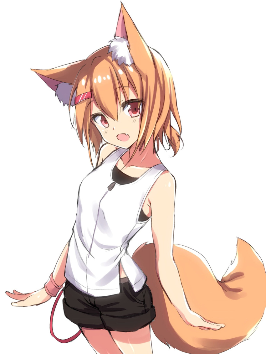 1girl, animal_ear_fluff, animal_ears, bangs, bare_shoulders, black_shorts, borrowed_character, commentary_request, fang, fox_ears, fox_girl, fox_tail, hair_ornament, hairclip, highres, honoka_(1399871), looking_at_viewer, open_mouth, orange_hair, original, red_eyes, shirt, short_hair, short_shorts, shorts, simple_background, sleeveless, smile, solo, tail, white_background, white_shirt, wristband