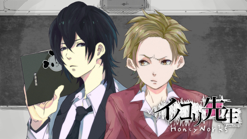 10xxx05, 2boys, akechi_saku, black_hair, blonde_hair, company_name, grey_eyes, honeyworks