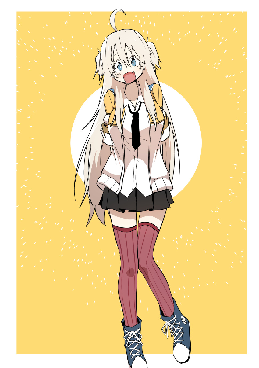 1girl, absurdres, ahoge, black_skirt, blonde_hair, blue_eyes, bural_chingu, high_tops