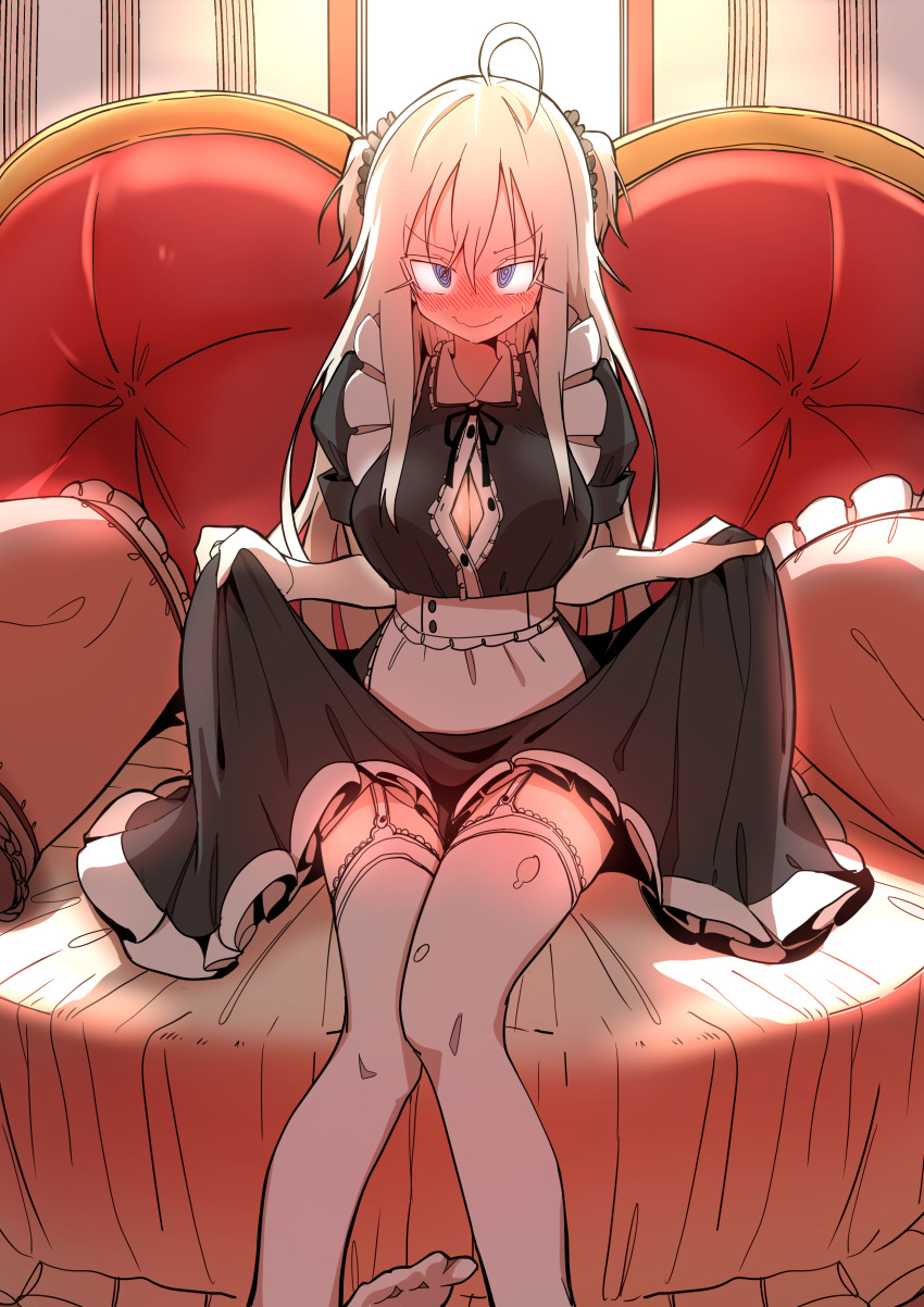 1girl, @_@, absurdres, ahoge, blonde_hair, blue_eyes, blush, breasts