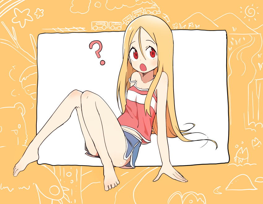 1girl, ?, barefoot, blonde_hair, blush, bural_chingu, highres, lee_ji-min
