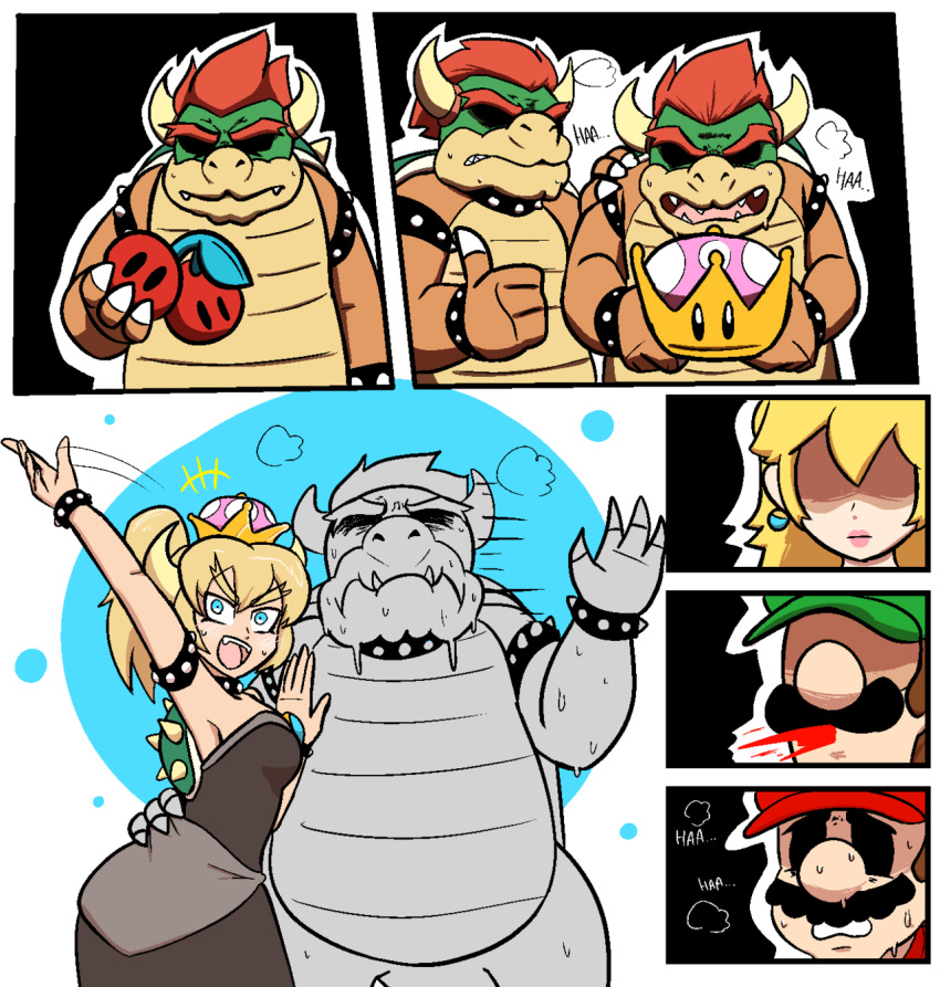 2girls, 3boys, 4koma, alternate_color, arm_around_waist, arm_up, artist_request, black_dress, blonde_hair, blue_eyes, blush, bowser, bowsette, bracelet, breasts, choker, clone, collar, comic, crown, double_cherry, dress, dual_persona, facial_hair, fang, flat_color, genderswap, genderswap_(mtf), gloves, hat, heavy_breathing, highres, horns, jewelry, luigi, mario, super_mario_bros., mini_crown, multiple_boys, multiple_girls, mustache, new_super_mario_bros._u_deluxe, nintendo, ponytail, princess_peach, selfcest, shaded_face, silent_comic, smile, spiked_armlet, spiked_bracelet, spiked_collar, spiked_shell, spikes, spitting, spitting_blood, super_crown, super_mario_3d_world, super_mario_bros., super_mario_odyssey, sweatdrop, thick_eyebrows, thumbs_up, turn_pale, waving