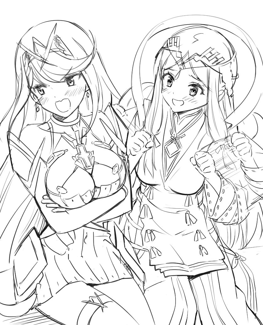 2girls, armor, bangs, black_hair, blush, breasts, cleavage, cleavage_cutout