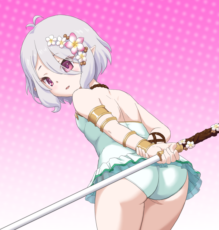 1girl, :d, antenna_hair, aqua_swimsuit, armlet, ass, bare_shoulders, emikatsuki