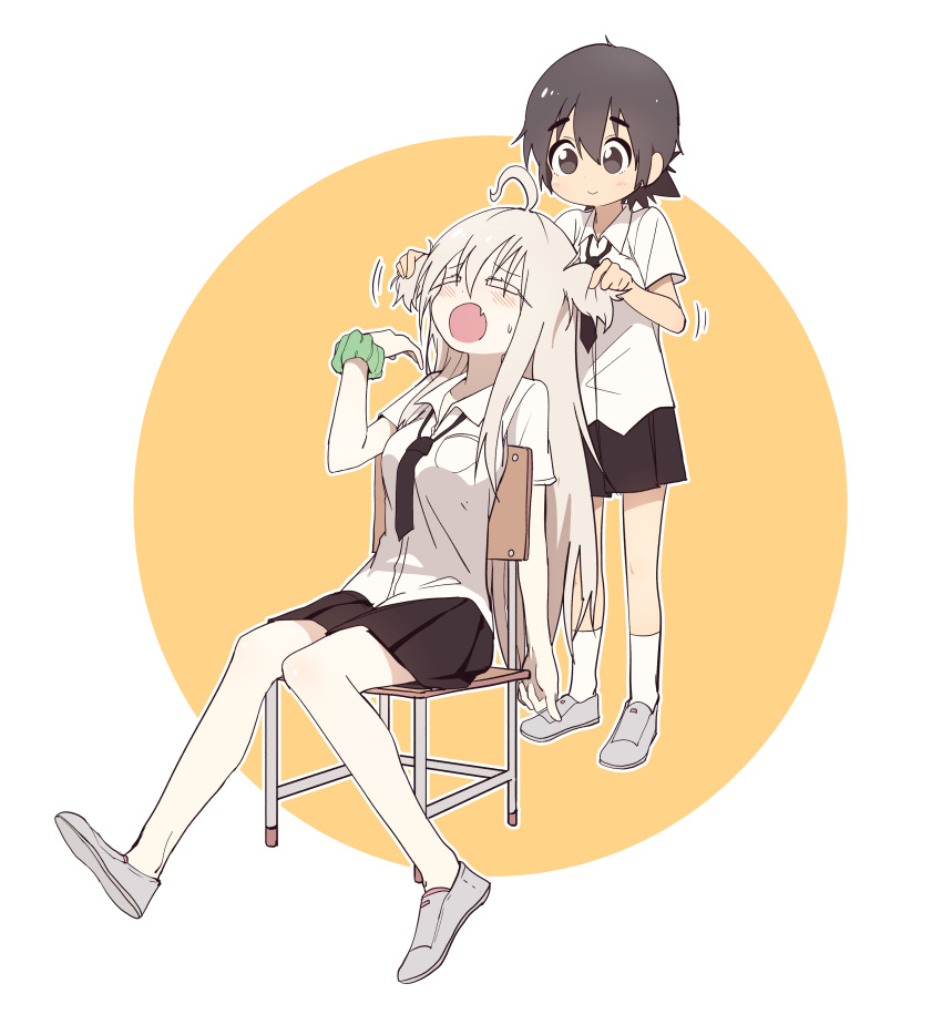 2girls, :>, absurdres, ahoge, blonde_hair, blue_eyes, blush, brown_eyes