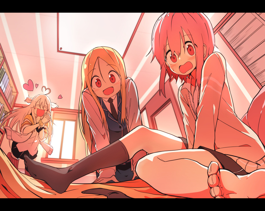 3girls, absurdres, black_legwear, blush, bural_chingu, cardigan, fangs, feet