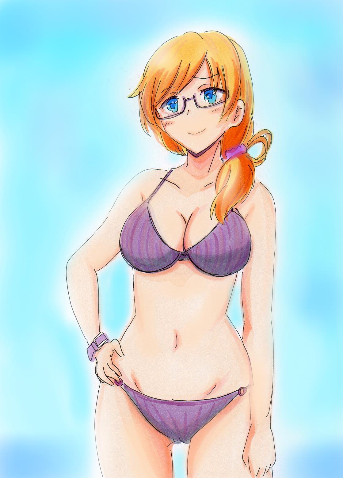 1girl, blonde_hair, blue_background, blue_eyes, blush_stickers, cowboy_shot, glasses, hair_over_shoulder