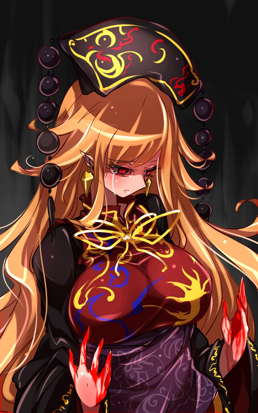 animal_print, aura, black_background, black_dress, black_hat, blonde_hair, blood, bloody_hands
