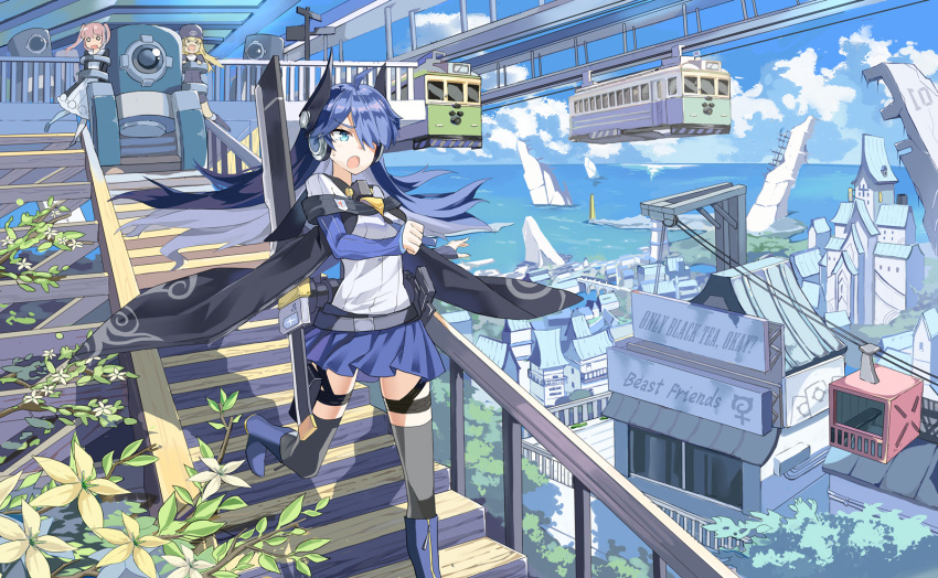 >_<, 3girls, @_@, aerial_tram, ahoge, belt, black_legwear, blonde_hair