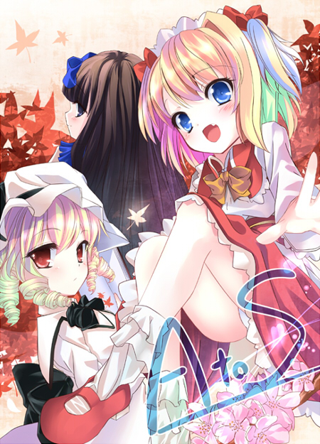 :/, blonde_hair, blue_eyes, bow, brown_hair, dress, drill_hair, fang