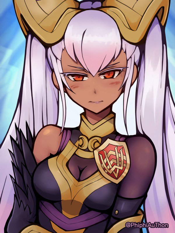 1girl, armor, bare_shoulders, breasts, cleavage, closed_mouth, dark_skin, fire_emblem