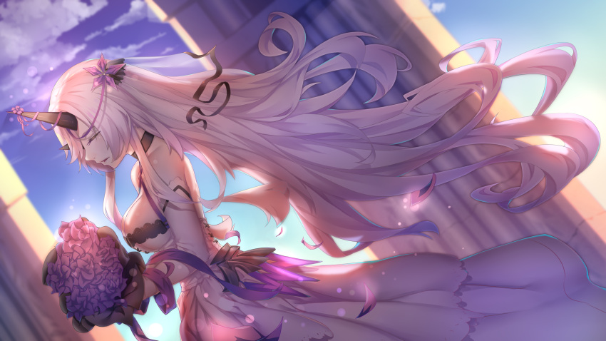 1girl, absurdres, bangs, bare_shoulders, black_choker, blue_sky, bouquet, breasts