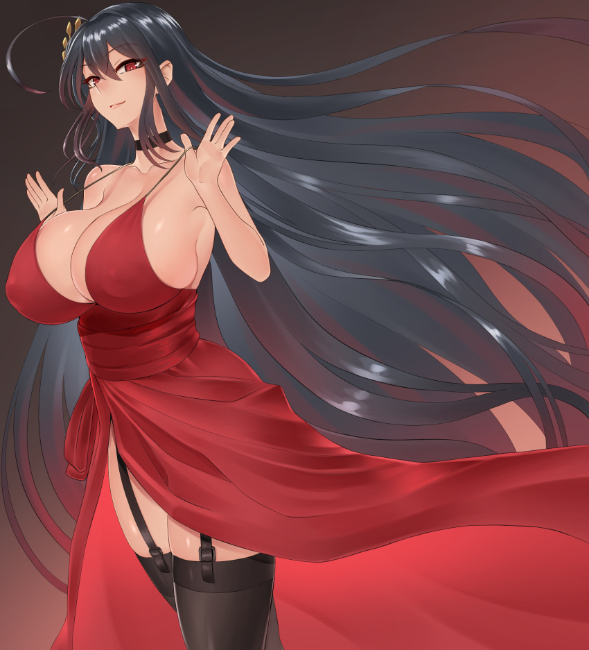 1girl, ahoge, azur_lane, black_hair, black_legwear, breasts, choker, cleavage