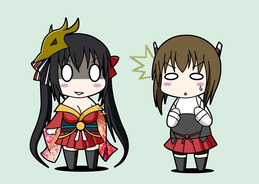 /\/\/\, 2girls, absurdres, azur_lane, black_legwear, blush_stickers, breast_envy, breasts, chestnut_mouth, chibi, cleavage, commentary_request, emphasis_lines, flat_chest, hair_ornament, highres, japanese_clothes, kantai_collection, kinoko_(benitengudake), large_breasts, long_sleeves, multiple_girls, namesake, obi, sash, shaded_face, short_hair, shorts, shorts_under_skirt, solid_oval_eyes, sweatdrop, taihou_(azur_lane), taihou_(kantai_collection), thigh-highs, twintails