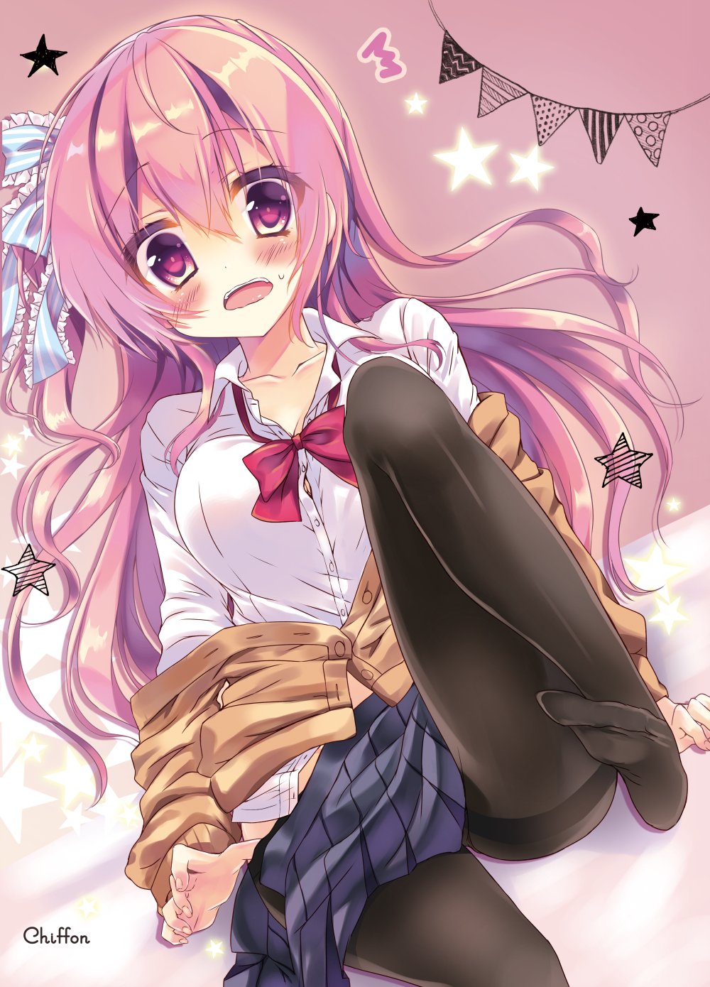 1girl, artist_name, bangs, black_legwear, blue_bow, blush, bow, bowtie, breasts, brown_cardigan, cardigan_around_waist, collarbone, collared_shirt, commentary_request, dress_shirt, fingernails, frilled_bow, frills, hair_between_eyes, hair_bow, highres, honoka_(1399871), long_hair, long_sleeves, looking_at_viewer, loose_bowtie, loose_skirt, medium_breasts, mouth, one_eye_closed, one_side_up, open, open_mouth, original, pantyhose, pantyhose_pull, pink_hair, pleated_skirt, purple_skirt, red_bow, red_neckwear, shirt, sidelocks, sitting, skirt, solo, striped, striped_bow, sweatdrop, unbuttoned, unbuttoned_shirt, very_long_hair, violet_eyes, wavy_hair, white_shirt