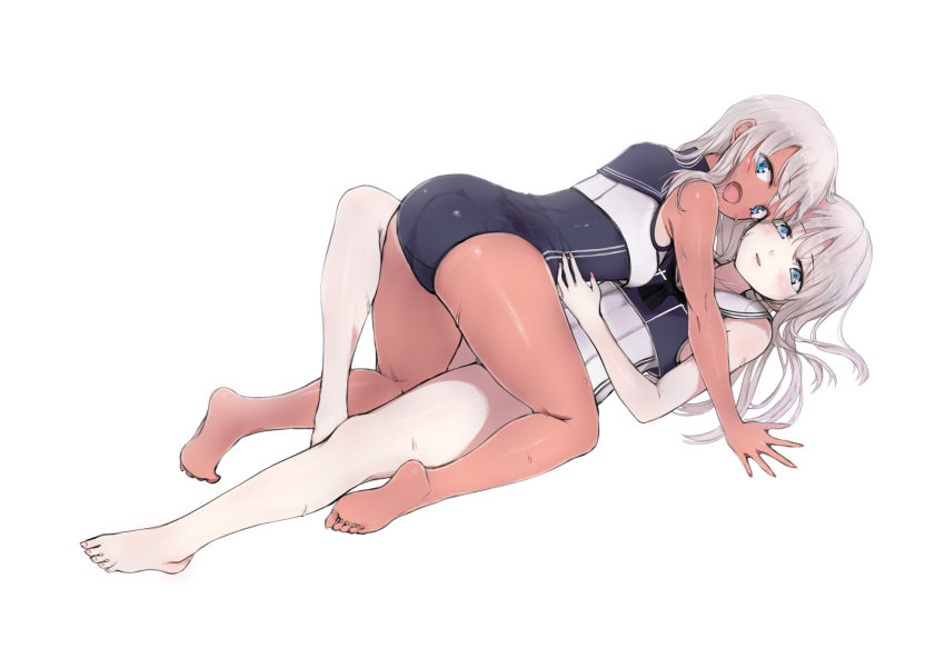 2girls, :d, absurdres, arm_support, ass, bare_legs, barefoot, blue_eyes