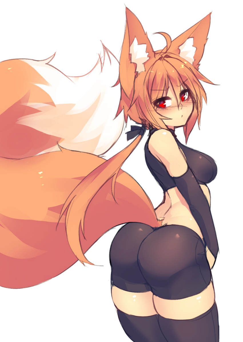 1girl, ahoge, animal_ear_fluff, animal_ears, ass, bare_shoulders, bike_shorts, black_gloves