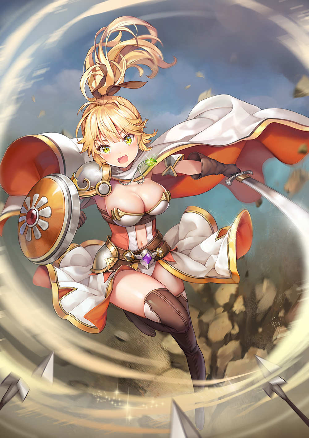 1girl, :d, belt, bible_bullet, blonde_hair, blush, boots, breasts, brown_footwear, brown_gloves, brown_ribbon, cape, eyebrows_visible_through_hair, fang, gloves, green_eyes, hair_ribbon, high_ponytail, highres, holding, holding_sword, holding_weapon, jewelry, leg_up, long_hair, looking_at_viewer, medium_breasts, mwwhxl, navel, open_mouth, pauldrons, pendant, polearm, ponytail, ribbon, shield, smile, solo, sparkle, spear, sword, thigh-highs, thigh_boots, v-shaped_eyebrows, weapon