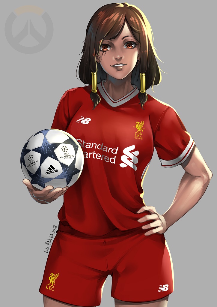 1girl, ball, brand_name_imitation, breasts, cleavage, commentary, cowboy_shot, dark_skin, facial_tattoo, hair_ornament, large_breasts, liverpool_fc, looking_at_viewer, lulu-chan92, overwatch, pharah_(overwatch), play_of_the_game, premier_league, short_hair, signature, simple_background, soccer, soccer_uniform, sponsor, sportswear, tattoo, uefa_champions_league