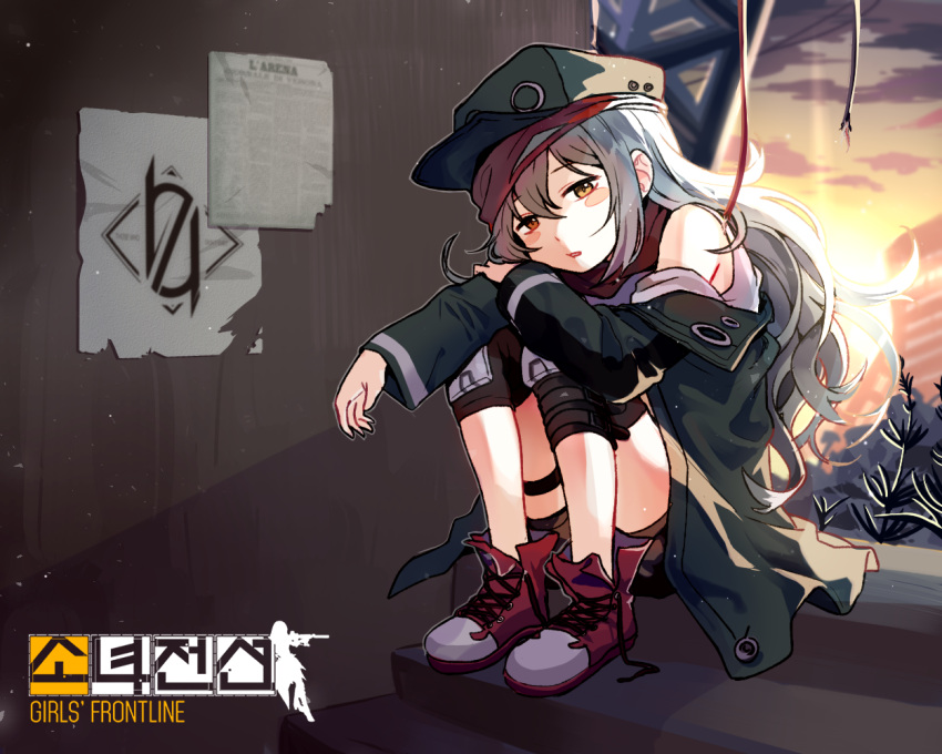 1girl, blush_stickers, brown_eyes, chizu_(cheese), copyright_name, english, eyebrows_visible_through_hair, g11_(girls_frontline), girls_frontline, green_hat, grey_hair, hair_between_eyes, hat, head_tilt, knee_pads, long_hair, long_sleeves, looking_at_viewer, off_shoulder, parted_lips, red_footwear, shoes, sitting, solo, stairs, sun, untied_shoes, very_long_hair