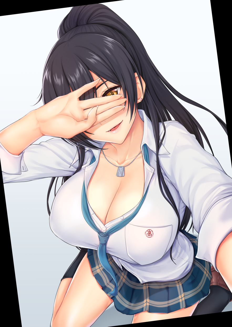 1girl, bangs, black_hair, blush, breasts, cleavage, collarbone, commentary_request