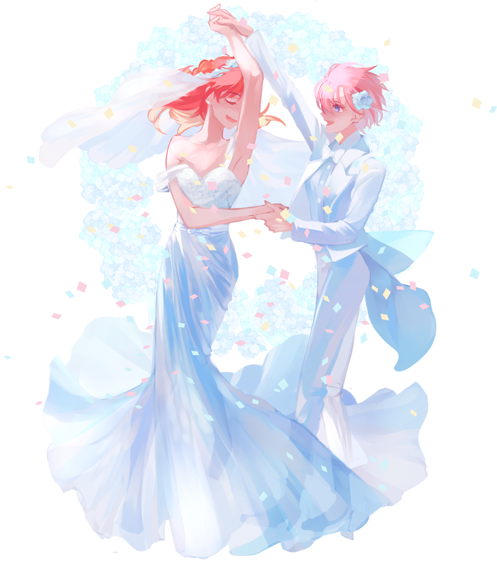 2girls, alternate_costume, bare_shoulders, closed_eyes, crossdressinging, dancing, dress, en_(enxxx)
