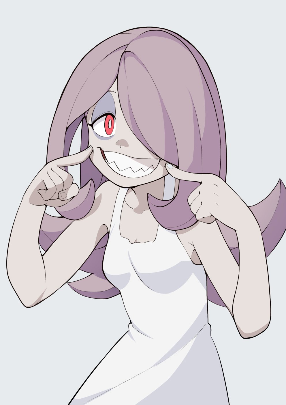 1girl, bare_shoulders, breasts, collarbone, commentary_request, dress, eyeshadow, hair_over_one_eye