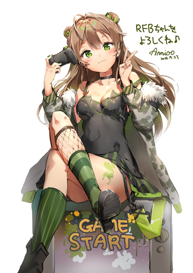 1girl, ahoge, anmi, asymmetrical_legwear, bangs, bare_shoulders, black_footwear, blush