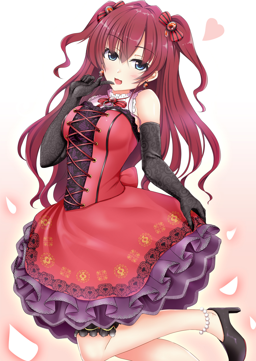 :3, anklet, bare_shoulders, black_footwear, black_gloves, blue_eyes, blush, breasts