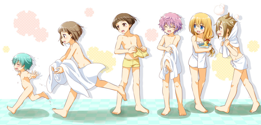 1girl, 6+boys, :d, ^_^, akita_toushirou, aqua_hair, blonde_hair, blue_eyes