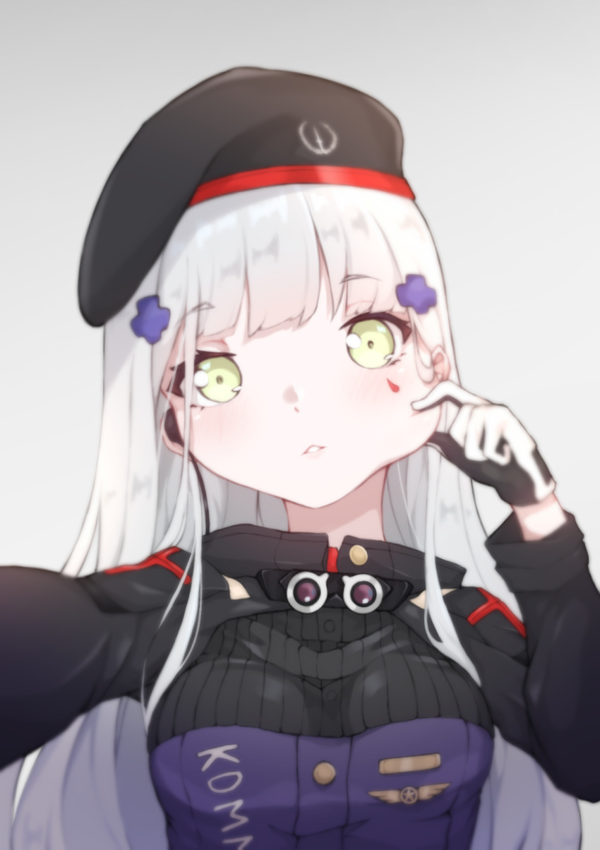 1girl, beret, blurry, cheek_pull, commentary, facial_mark, girls_frontline, gloves