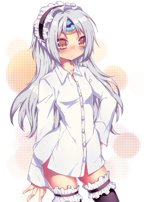 1girl, black_legwear, blush, bottomless, code:_nemesis_(elsword), collarbone, elsword, eve_(elsword)