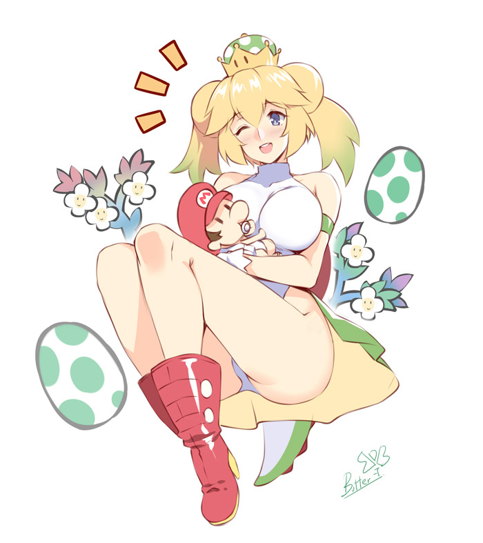 1boy, 1girl, ;d, armband, artist_name, ass, baby, baby_mario, blonde_hair, blue_eyes, blush, boots, breasts, butter-t, commentary, covered_collarbone, crown, dinosaur_girl, dinosaur_tail, egg, english_commentary, eyebrows, eyebrows_visible_through_hair, flower, full_body, gloves, gradient, gradient_hair, green_hair, hat, high_heel_boots, high_heels, large_breasts, leotard, long_hair, mario, mario_&amp;_luigi_partners_in_time, monster_girl, multicolored_hair, new_super_mario_bros._u_deluxe, nintendo, one_eye_closed, open_mouth, personification, red_footwear, shell, signature, simple_background, smile, super_crown, super_mario_bros., super_mario_world_2:_yoshi's_island, tail, turtleneck, twintails, twitter_username, waist_cape, white_background, white_gloves, white_leotard, yoshi