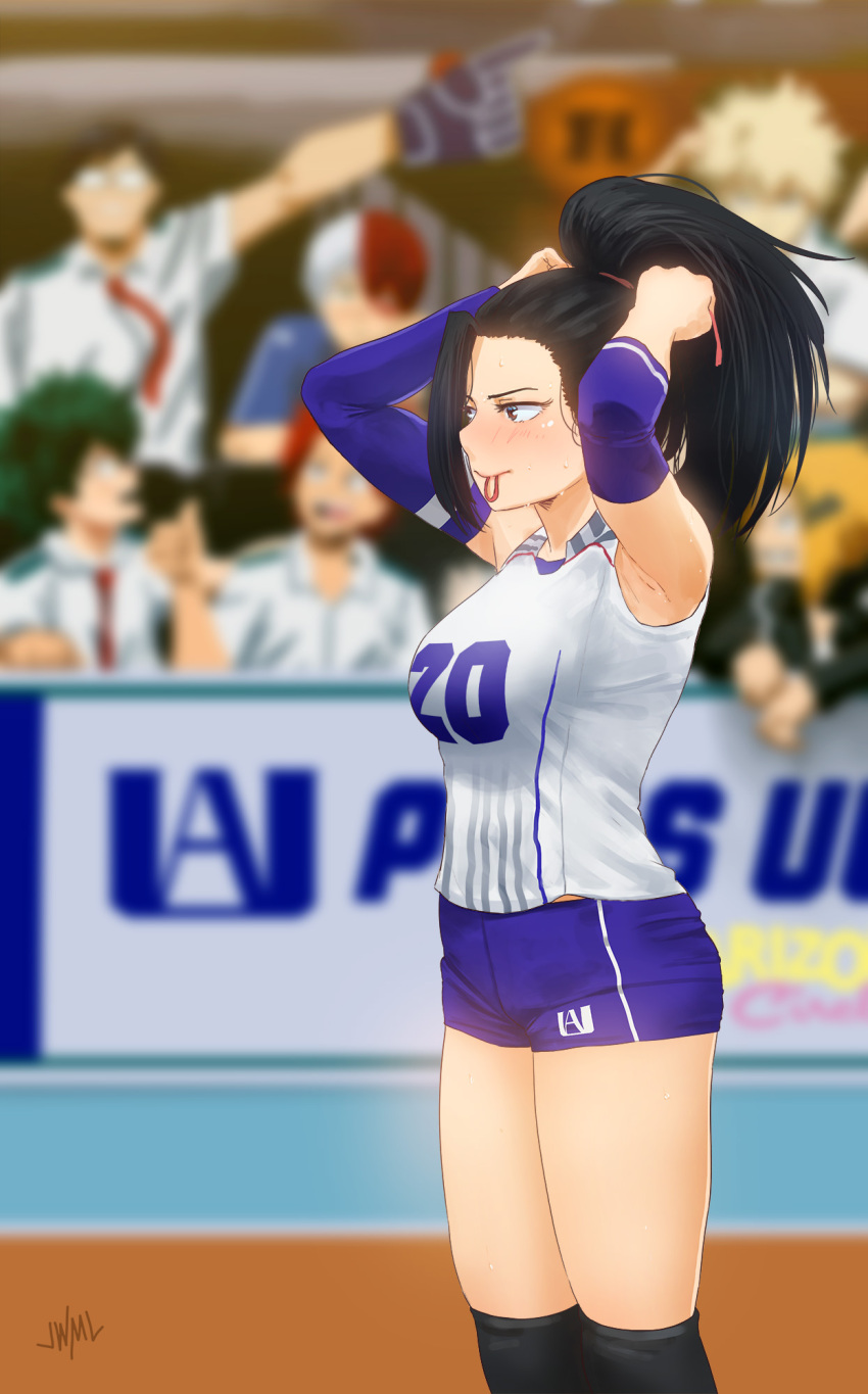 1girl, 6+boys, :d, arm_warmers, armpits, arms_up, bakugou_katsuki, black_hair