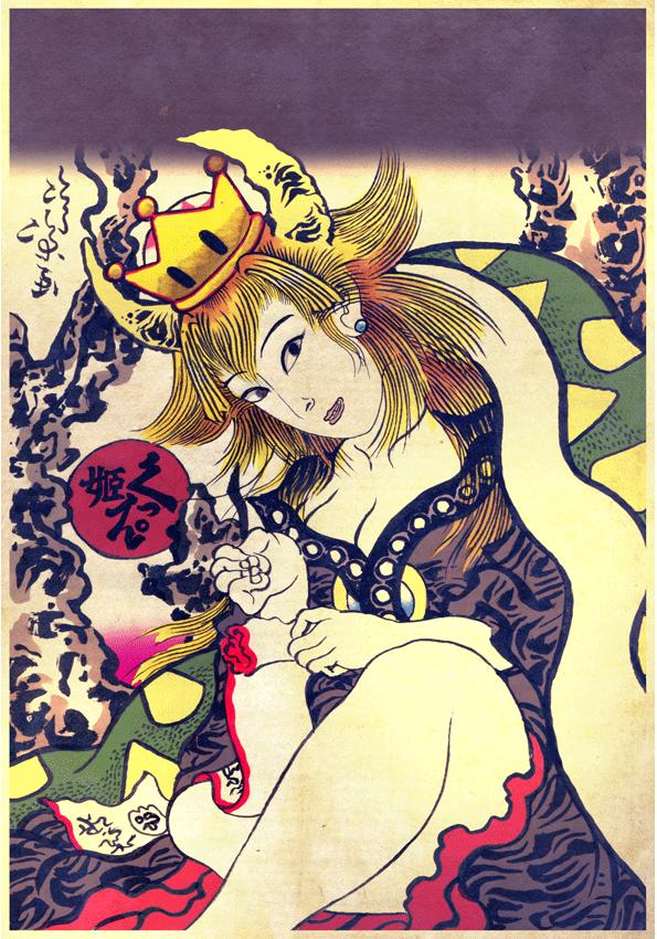 1girl, blanket, blonde_hair, bowser, bowsette, breasts, cleavage, crown, earrings, fine_art_parody, genderswap, genderswap_(mtf), horns, jewelry, koorintei_hyoosen, looking_at_viewer, medium_hair, new_super_mario_bros._u_deluxe, nihonga, parody, sitting, solo, super_crown, ukiyo-e