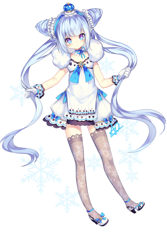 1girl, blue_hair, blush, crown, demon_girl, elsword, eyelashes, fluffy_collar, glacier, gloves, luciela_r._sourcream, playing_with_own_hair, ribbon, smile, snowflakes, star, star-shaped_pupils, symbol-shaped_pupils, twintails, utm