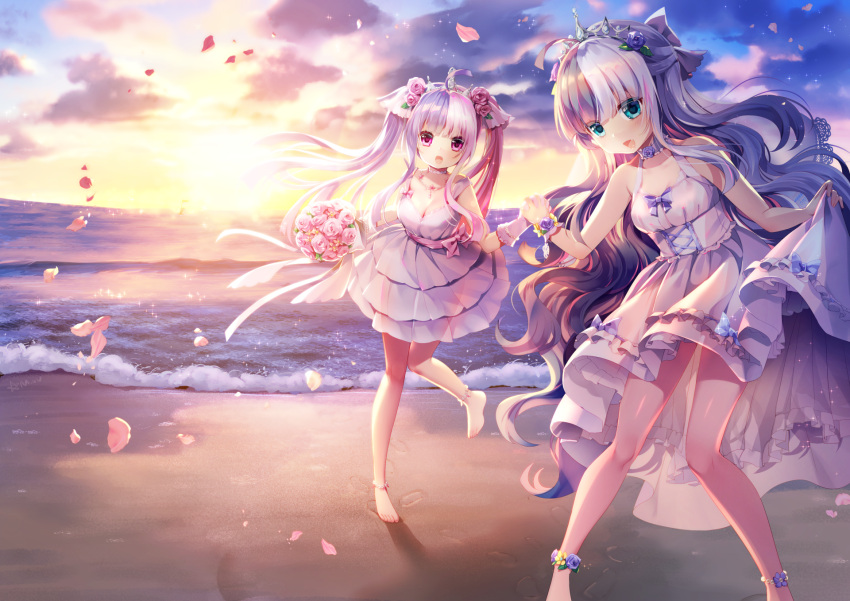 2girls, :d, ahoge, ankle_flower, bare_arms, bare_shoulders, barefoot, beach, black_bow, blue_eyes, blue_flower, blue_hair, blue_rose, blush, bouquet, bow, breasts, cleavage, clouds, commentary_request, dress, elbow_gloves, flower, footprints, gloves, hair_bow, hair_flower, hair_ornament, hair_ribbon, hand_holding, highres, holding, holding_bouquet, horizon, layered_dress, long_hair, looking_at_viewer, m1_(zhan_jian_shao_nyu), m2_(zhan_jiao_shao_nyu), medium_breasts, multiple_girls, mvv, ocean, open_mouth, outdoors, petals, pink_bow, pink_flower, pink_rose, pleated_dress, ribbon, rose, sand, see-through, sidelocks, skirt_hold, sky, sleeveless, sleeveless_dress, smile, standing, standing_on_one_leg, sunlight, sunset, tiara, twintails, very_long_hair, violet_eyes, water, white_dress, white_gloves, white_ribbon, wrist_flower, zhan_jian_shao_nyu