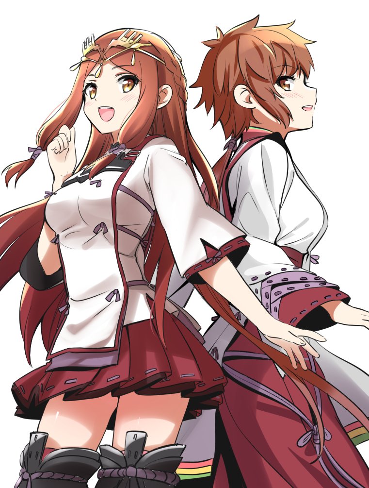 2girls, armor, black_hair, blush, closed_eyes, collarbone, cosplay, costume_switch