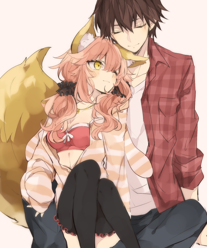 1boy, 1girl, alternate_costume, animal_ears, black_legwear, blush, bow, bow_bra