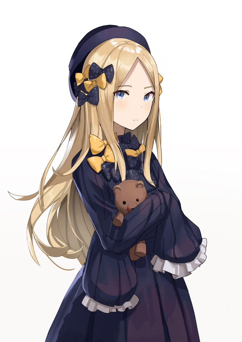 1girl, abigail_williams_(fate/grand_order), absurdres, bangs, black_bow, black_dress, black_hat, blonde_hair