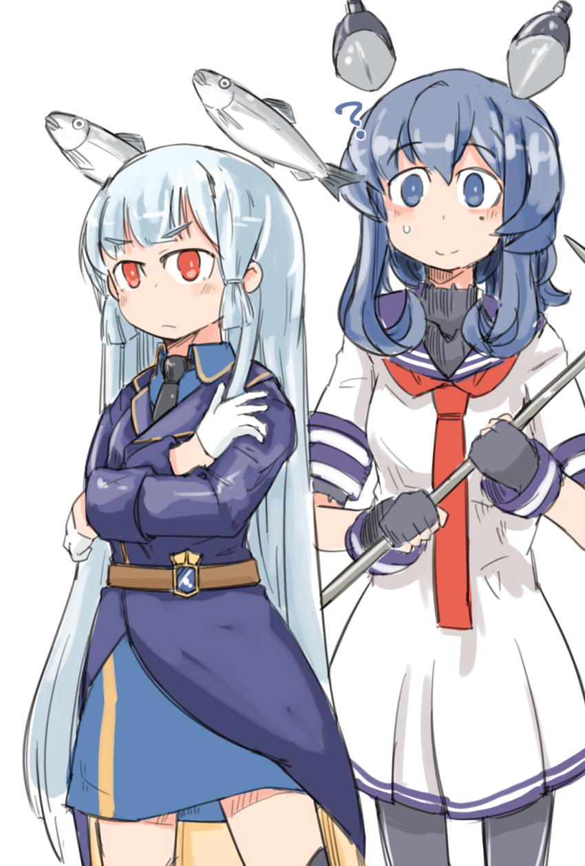 2girls, black_gloves, black_legwear, black_neckwear, blue_eyes, blue_hair, blue_sailor_collar, blue_skirt