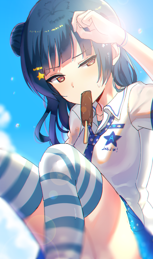 1girl, bangs, blue_hair, blue_neckwear, blue_skirt, clenched_hand, collared_shirt, day