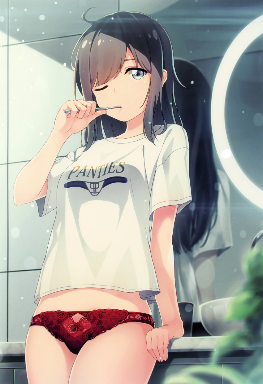 1girl, absurdres, arm_at_side, artist_request, black_hair, blue_eyes, blurry, blurry_foreground